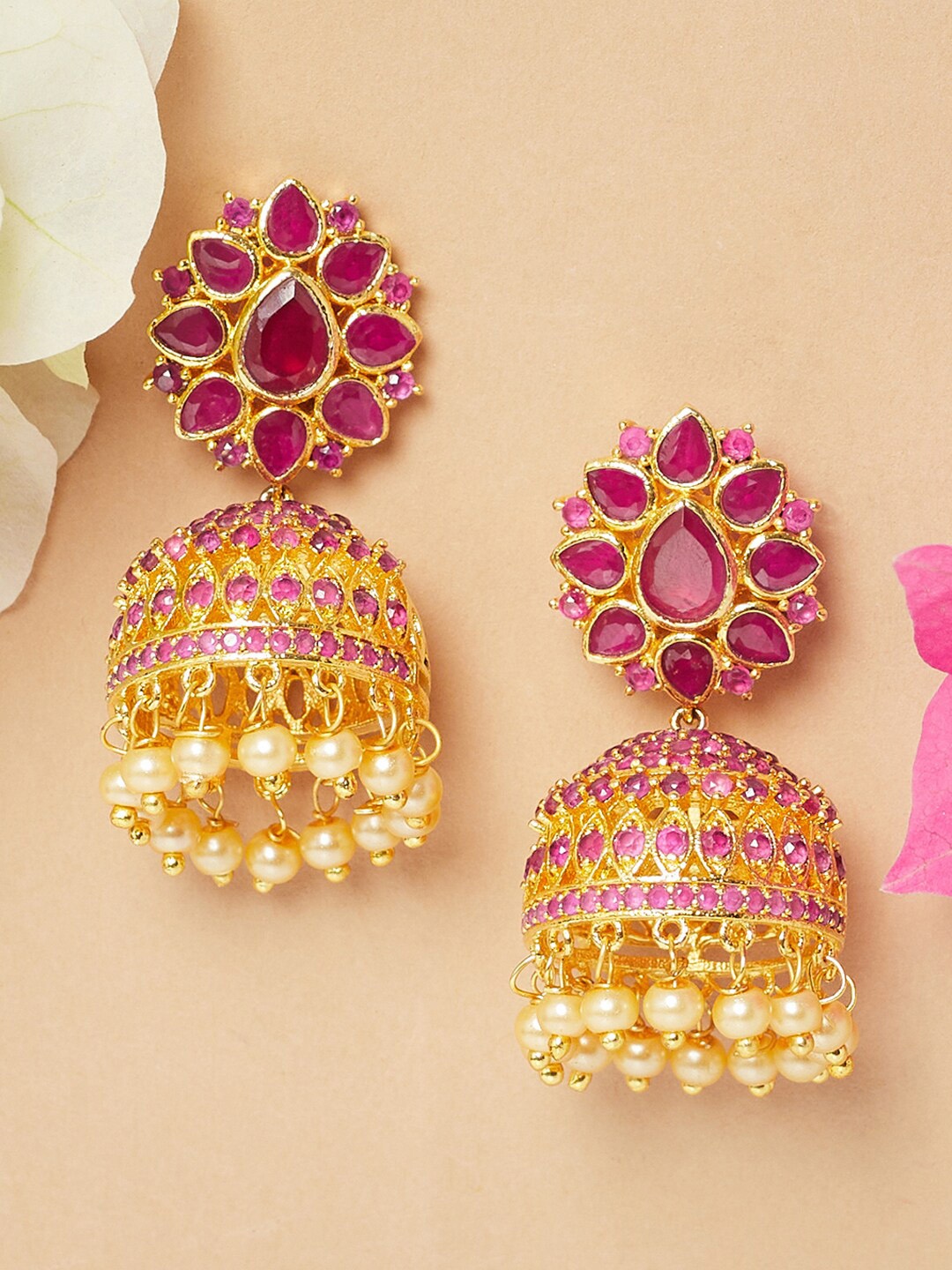 

Voylla Women Gold-Toned & Pink Contemporary Jhumkas Earrings