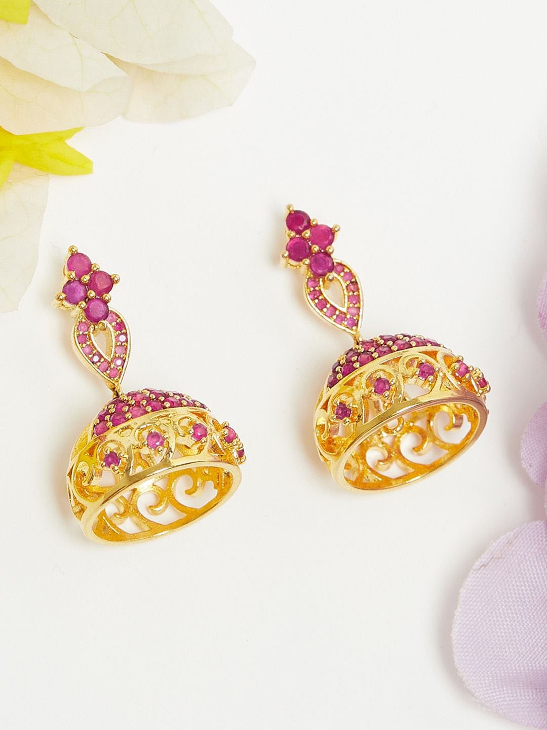 

Voylla Gold-Toned & Pink Contemporary Jhumkas Earrings