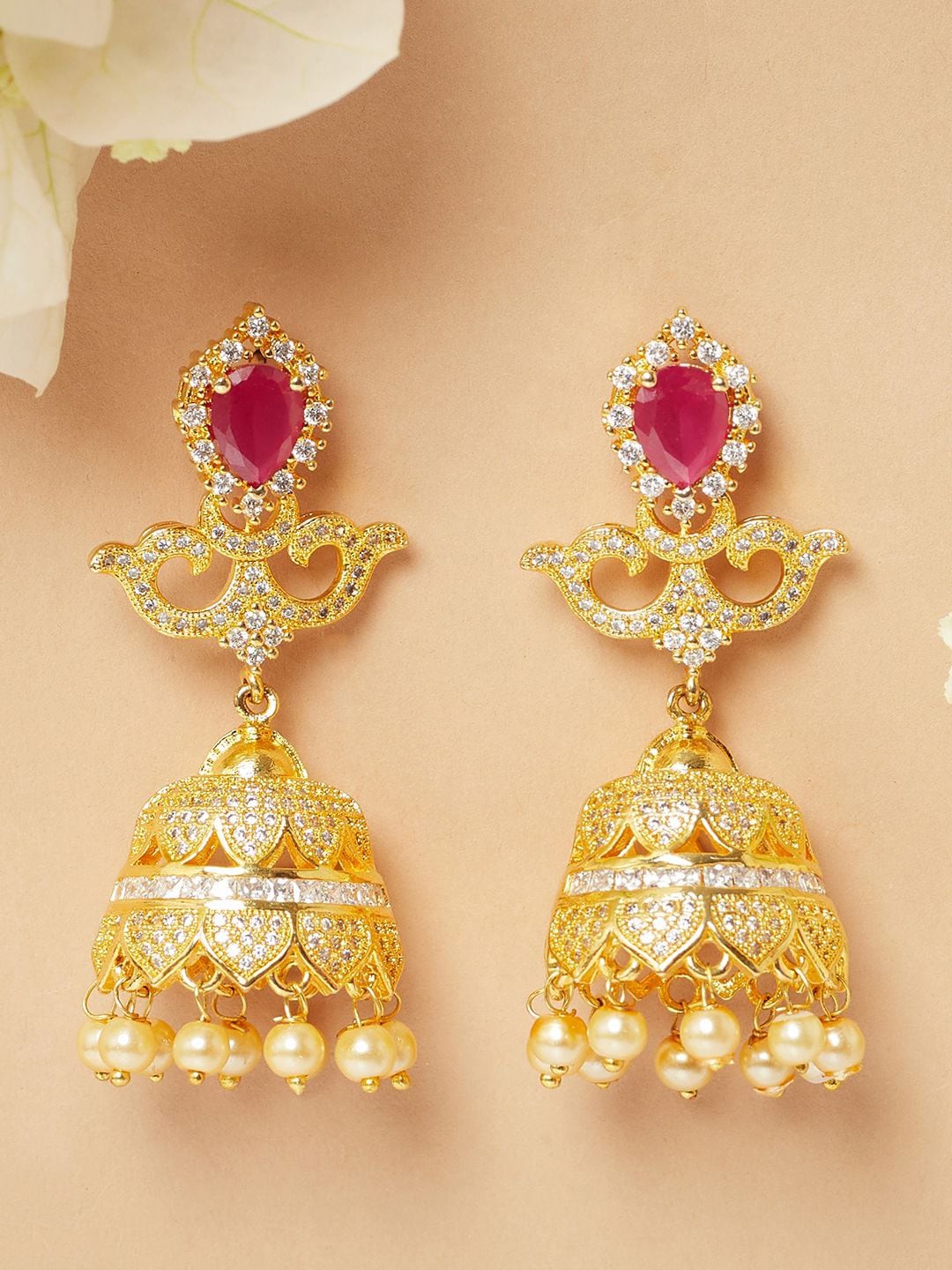 

Voylla Gold-Toned & Pink Contemporary Jhumkas Earrings