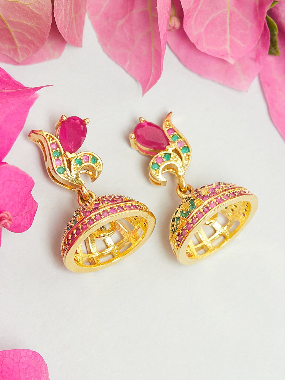 

Voylla Gold-Plated & Pink Contemporary Jhumkas Earrings