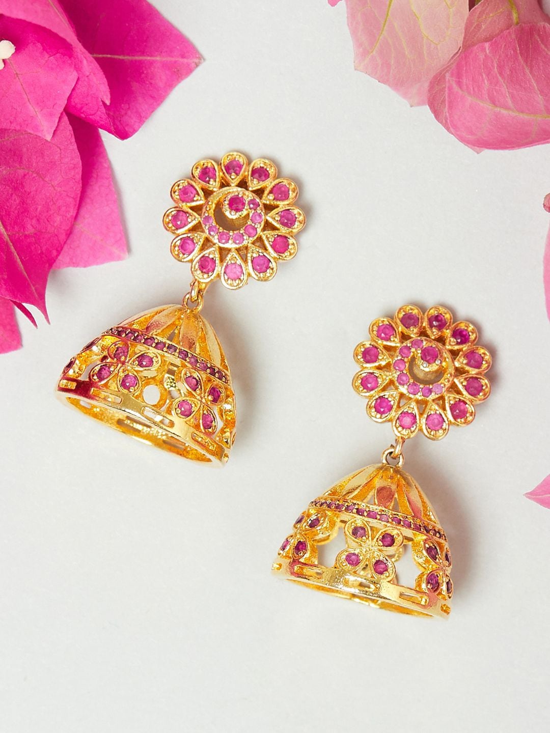 

Voylla Gold-Toned & Pink Contemporary Jhumkas Earrings