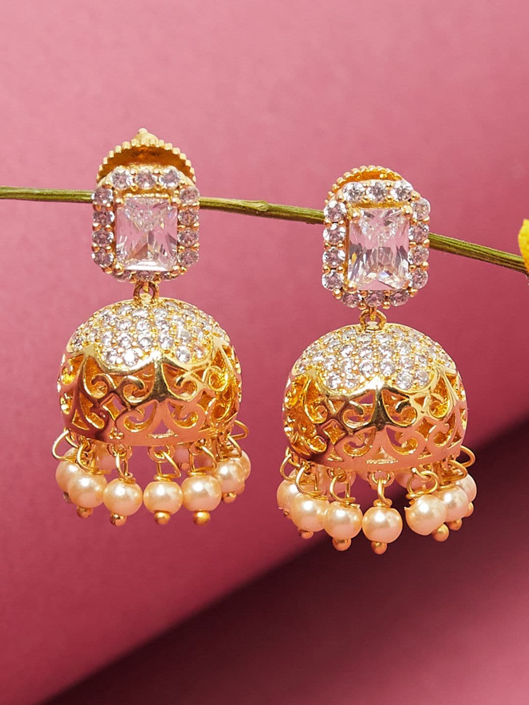 

Voylla White Gold-Plated Dome Shaped Jhumkas Earrings