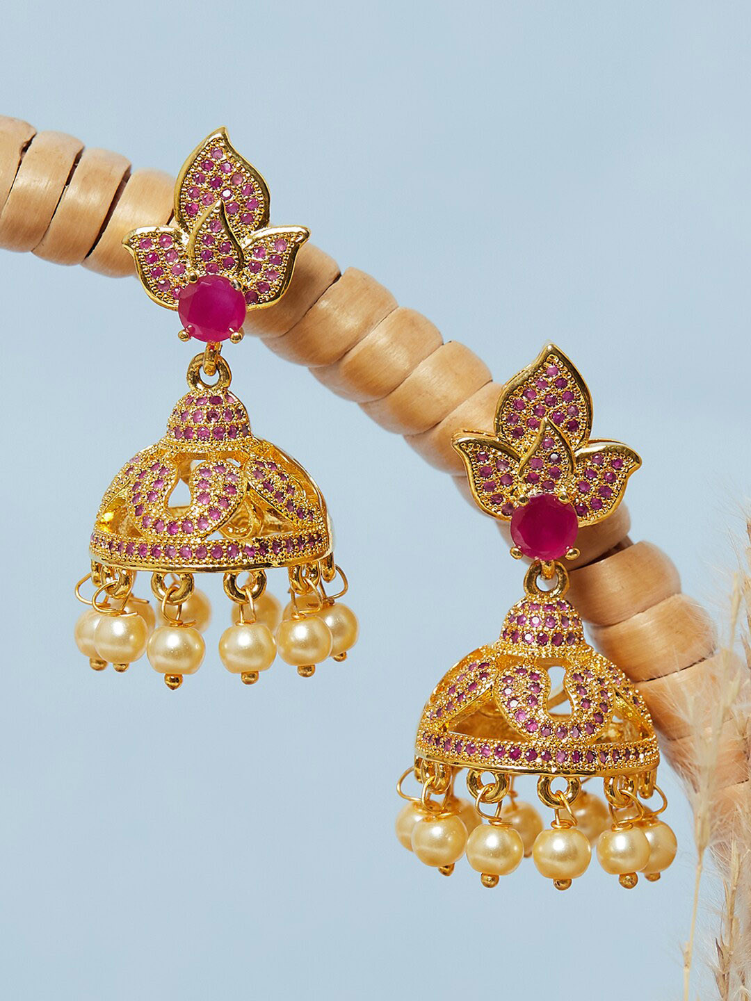 

Voylla Women Gold-Plated Pink Contemporary Jhumkas Earrings