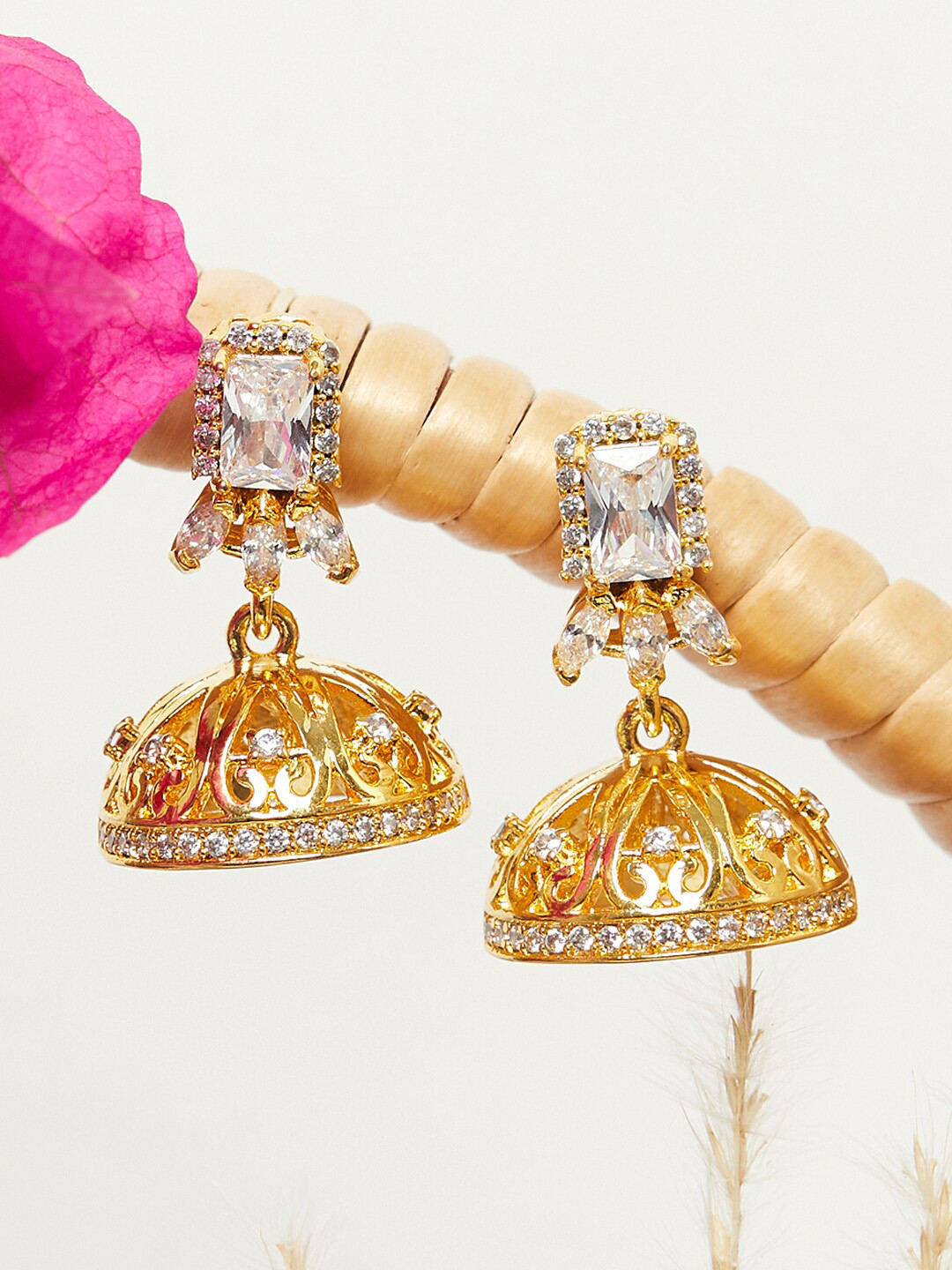 

Voylla Women Gold-Toned American Diamond CZ Traditional Gold Plated Jhumka Earrings