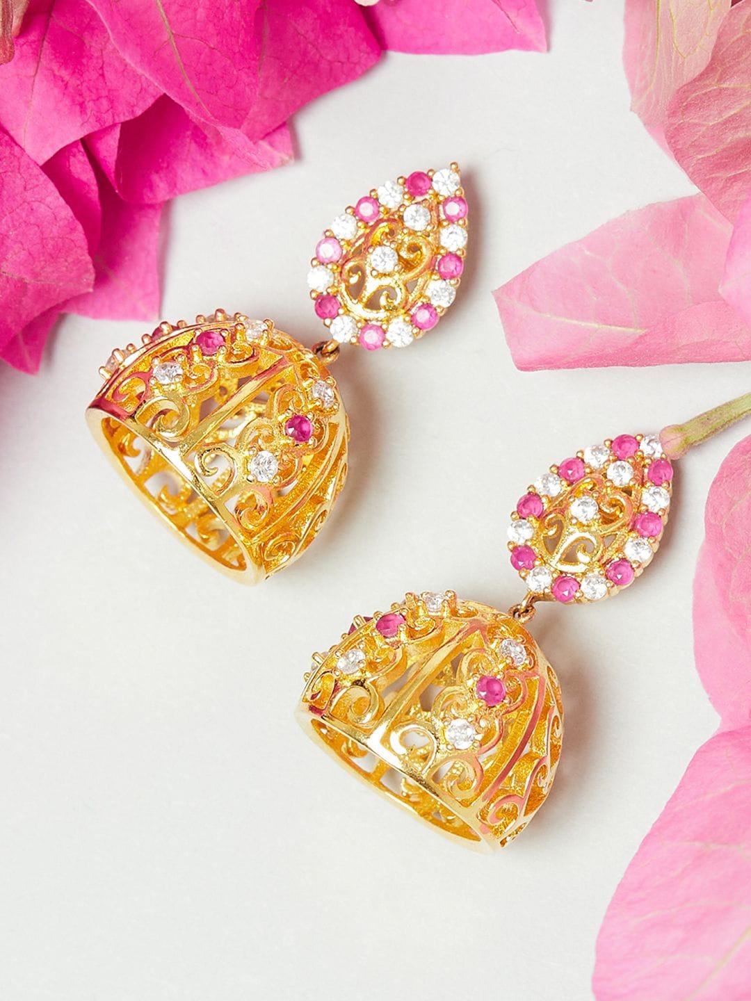 

Voylla Women Pink & Gold-Toned Contemporary Jhumka Earrings