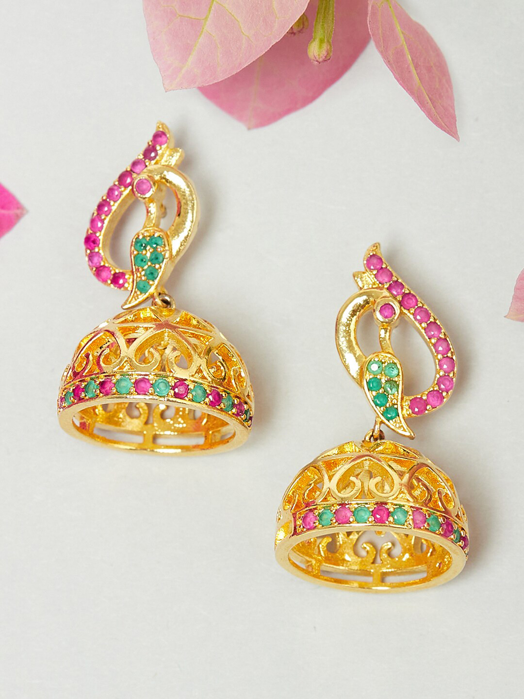 

Voylla Women Gold-Toned & Pink Dome Shaped Jhumkas Earrings