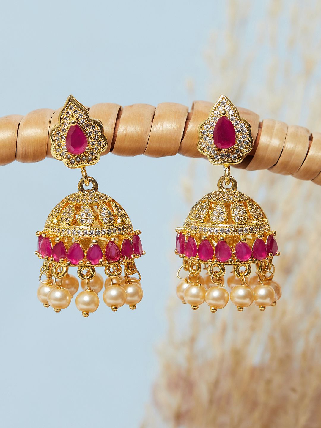 

Voylla Gold-Toned & Pink Dome Shaped Jhumkas Earrings