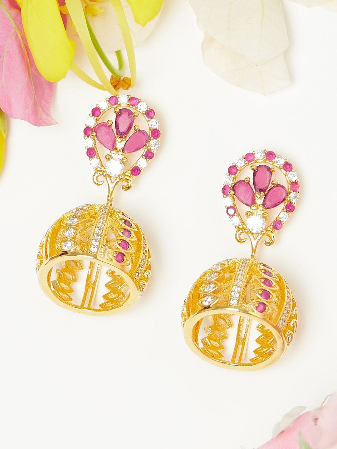 

Voylla Gold Plated Red & White Brass Jhumka Earrings