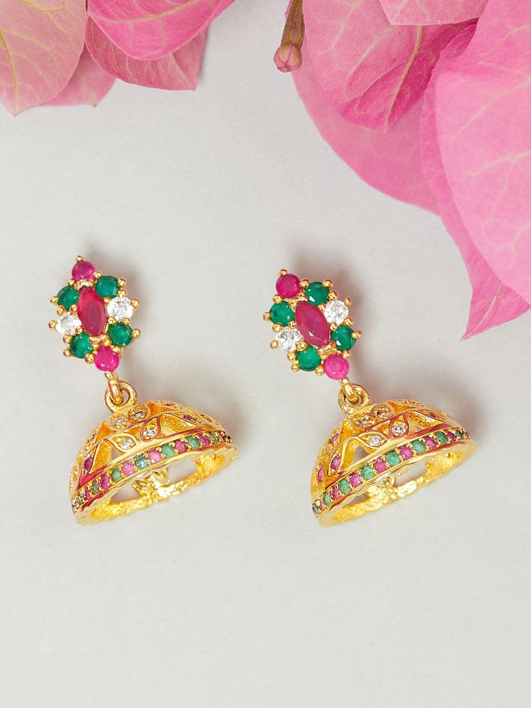 

Voylla Gold-Toned & Pink Contemporary Jhumkas Earrings