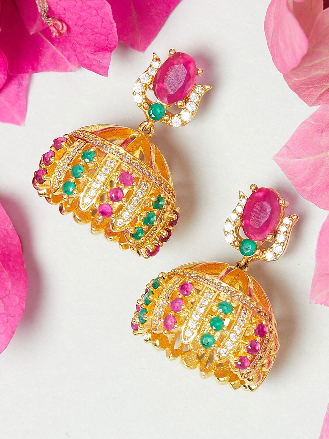 

Voylla Gold-Plated Red & Green Dome Shaped Jhumkas Earrings