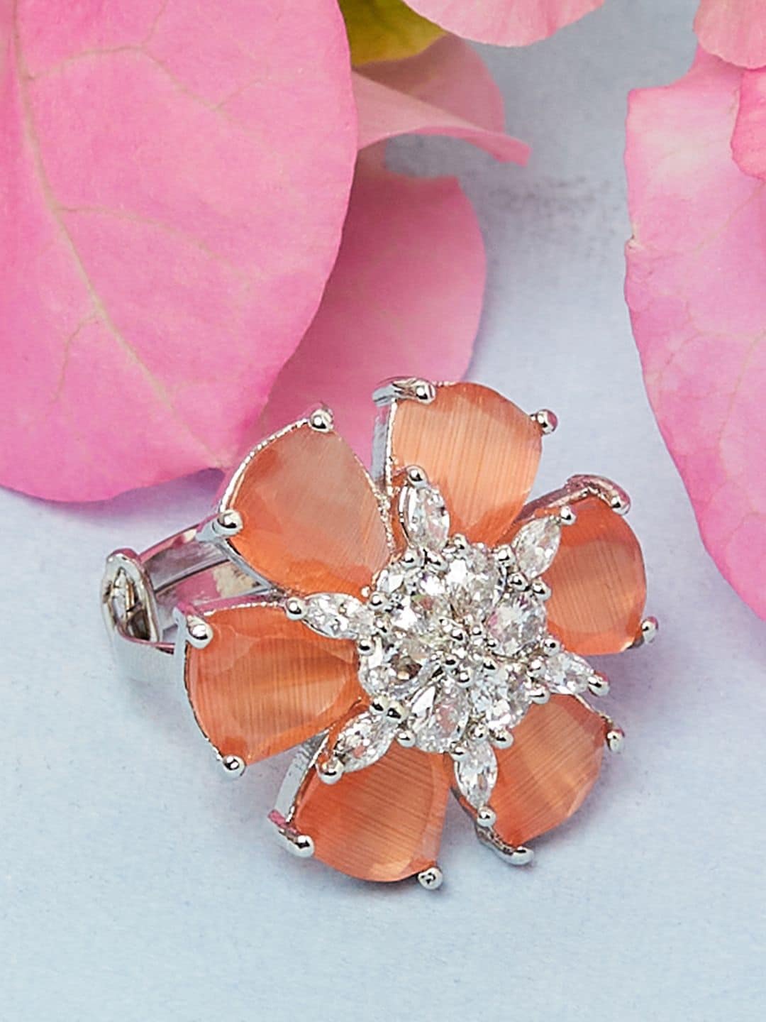 

Voylla Rhodium-Plated Silver Toned & Peach Finger Ring