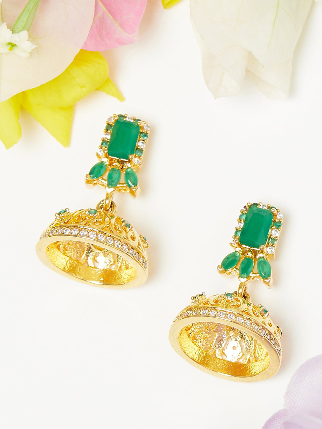 

Voylla Green Dome Shaped Gold-Plated Jhumkas Earrings