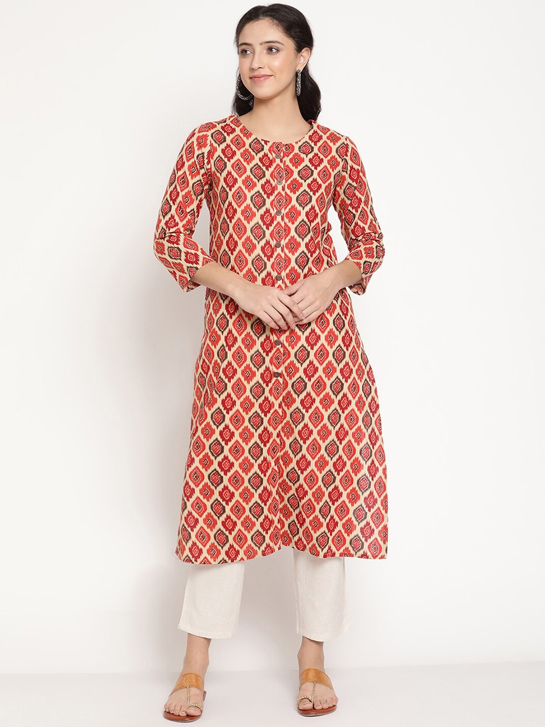 

Be Indi Women Round Neck Ethnic Motifs A-Line Side Slits Regular Kurta, Rust