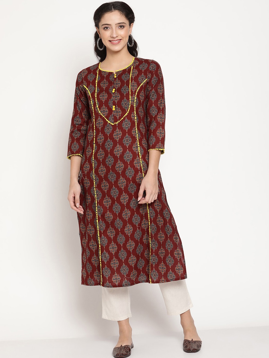 

Be Indi Women Round Neck Ethnic Motifs A-Line Side Slits Regular Kurta, Maroon