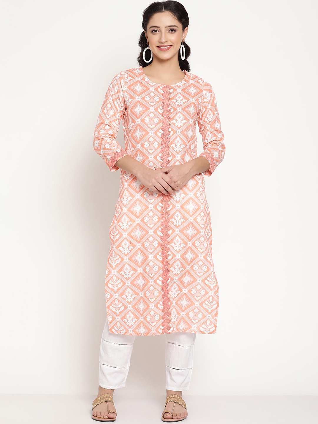 Be Indi Women Round Neck Geometric A-Line Side Slits Festive Kurta, Peach