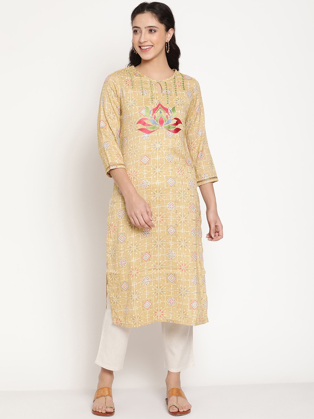 

Be Indi Women Keyhole Neck Ethnic Motifs Straight Side Slits Regular Kurta, Yellow