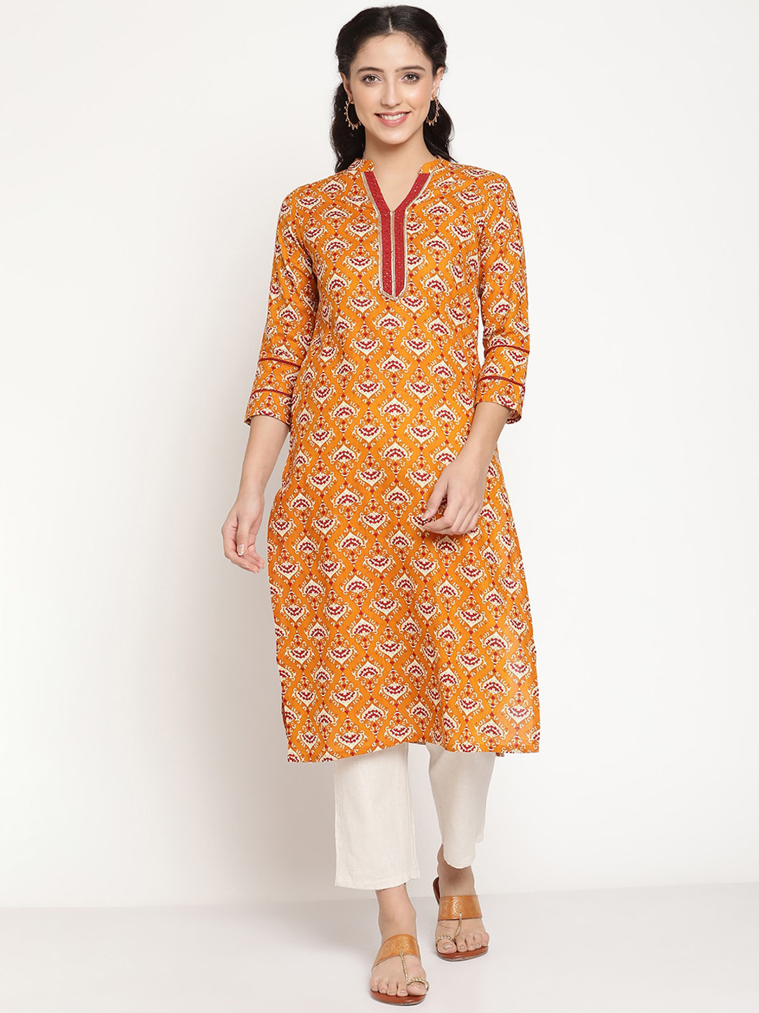 

Be Indi Women Mandarin Collar Ethnic Motifs Straight Side Slits Festive Kurta, Mustard