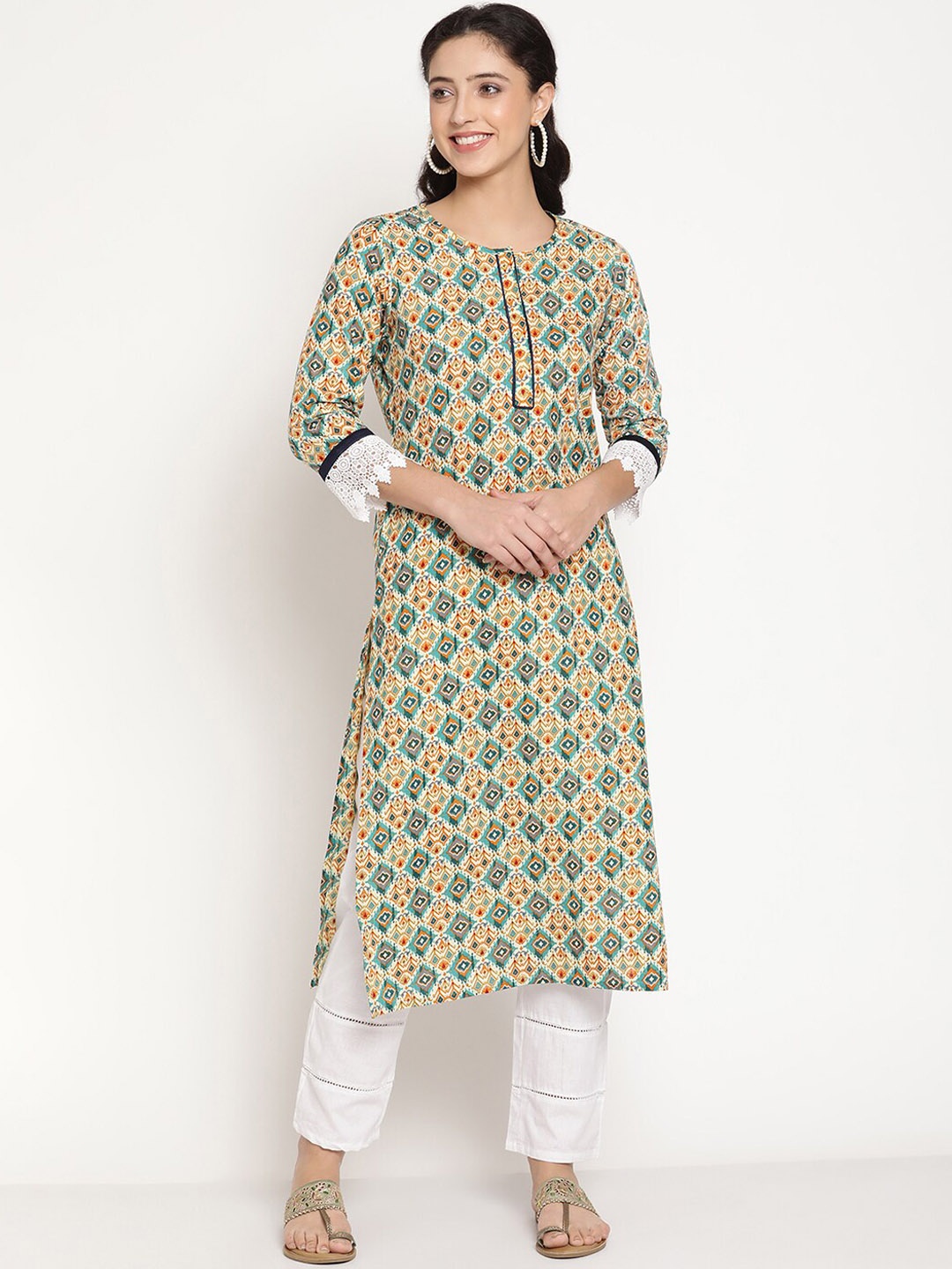 

Be Indi Women Round Neck Geometric Straight Side Slits Regular Kurta, Green