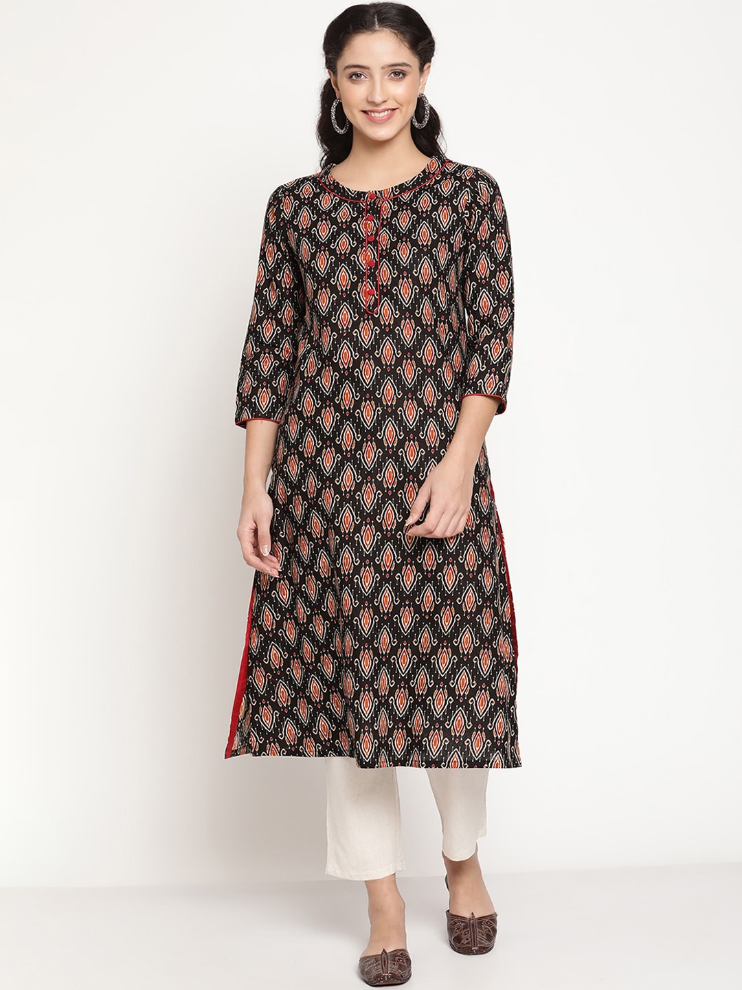 

Be Indi Women Round Neck Ethnic Motifs Straight Side Slits Regular Kurta, Black