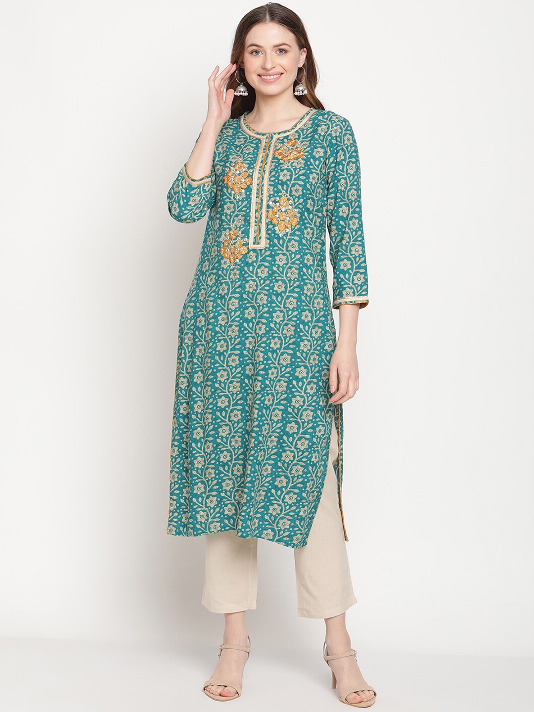 

Be Indi Women Round Neck Floral Straight Side Slits Regular Kurta, Teal