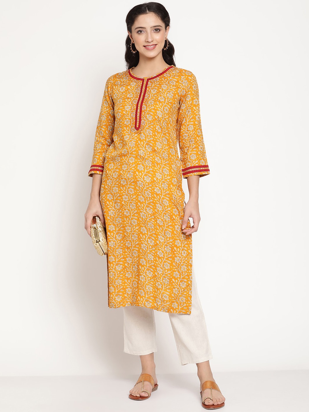 

Be Indi Women Keyhole Neck Ethnic Motifs Straight Side Slits Regular Kurta, Mustard