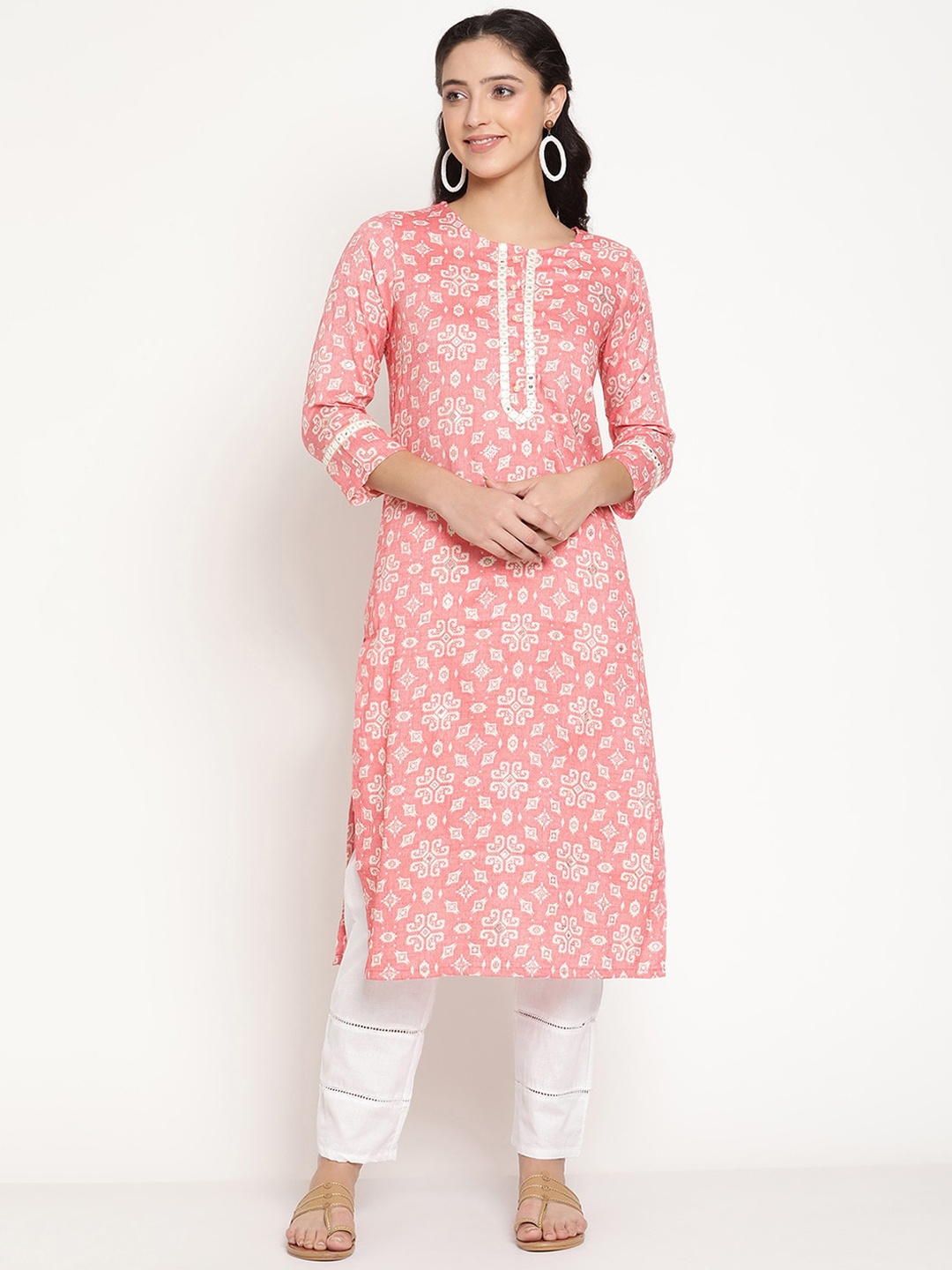 

Be Indi Women Round Neck Ethnic Motifs Straight Side Slits Regular Kurta, Coral