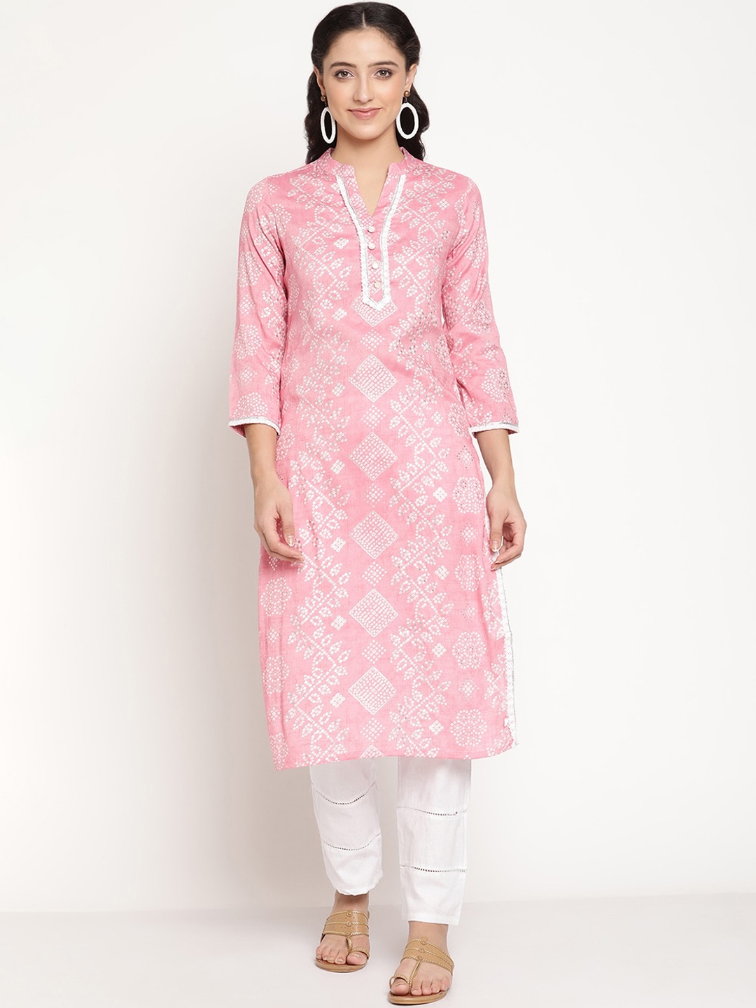 

Be Indi Women Mandarin Collar Ethnic Motifs Straight Side Slits Regular Kurta, Pink