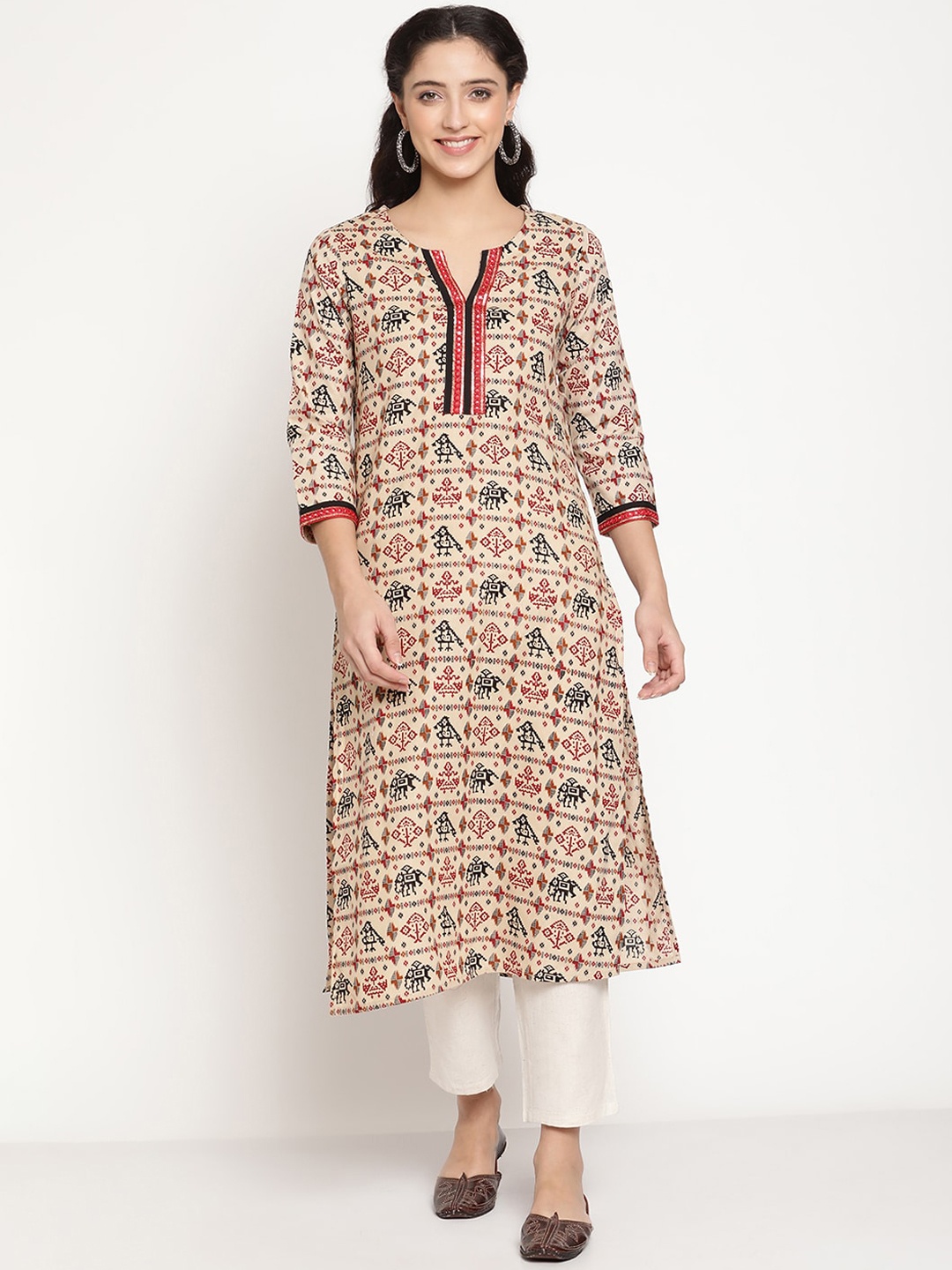 Be Indi Women V-Neck Ethnic Motifs Straight Side Slits Regular Kurta, Beige