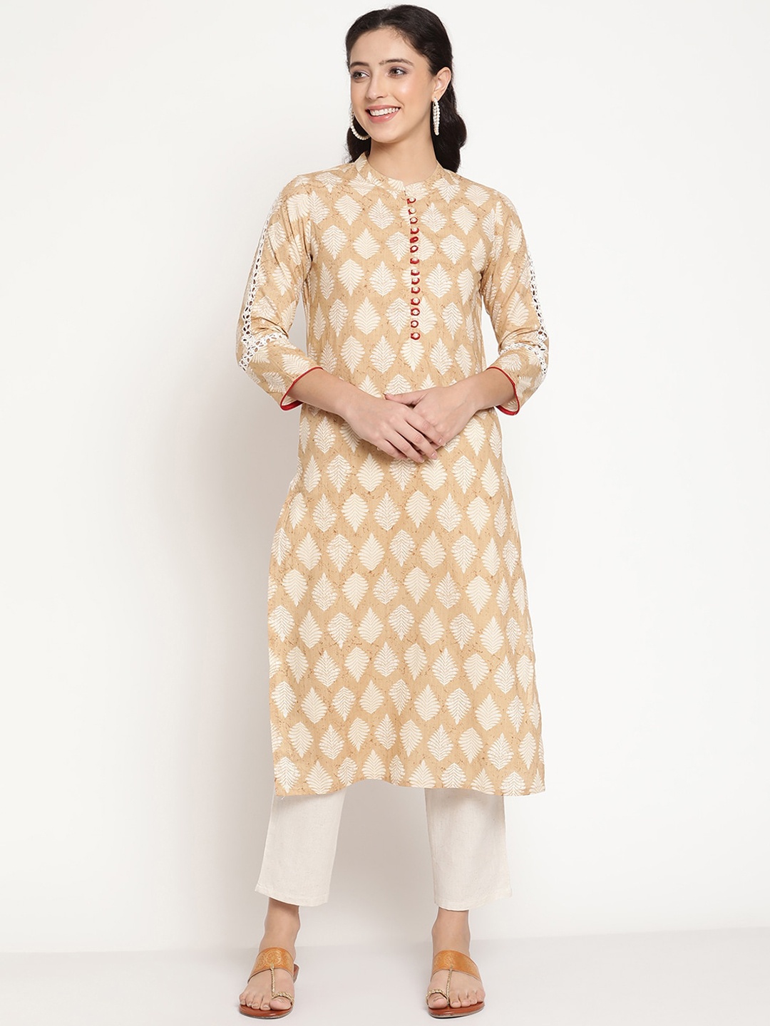 

Be Indi Women Round Neck Ethnic Motifs Straight Side Slits Regular Kurta, Beige