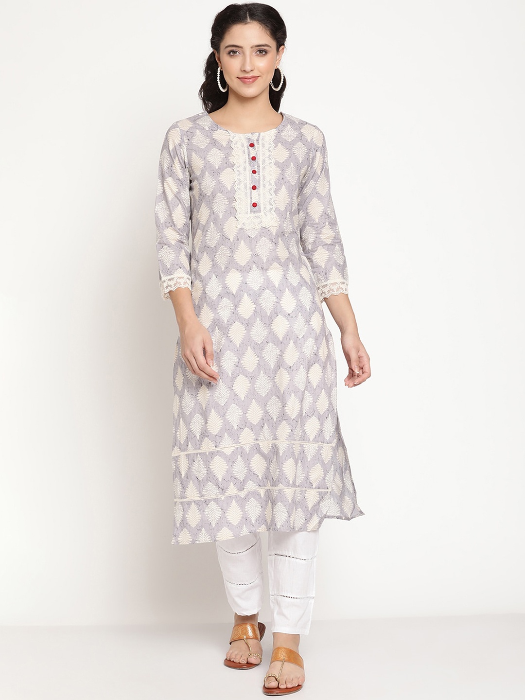 

Be Indi Women Round Neck Floral A-Line Side Slits Regular Kurta, Grey