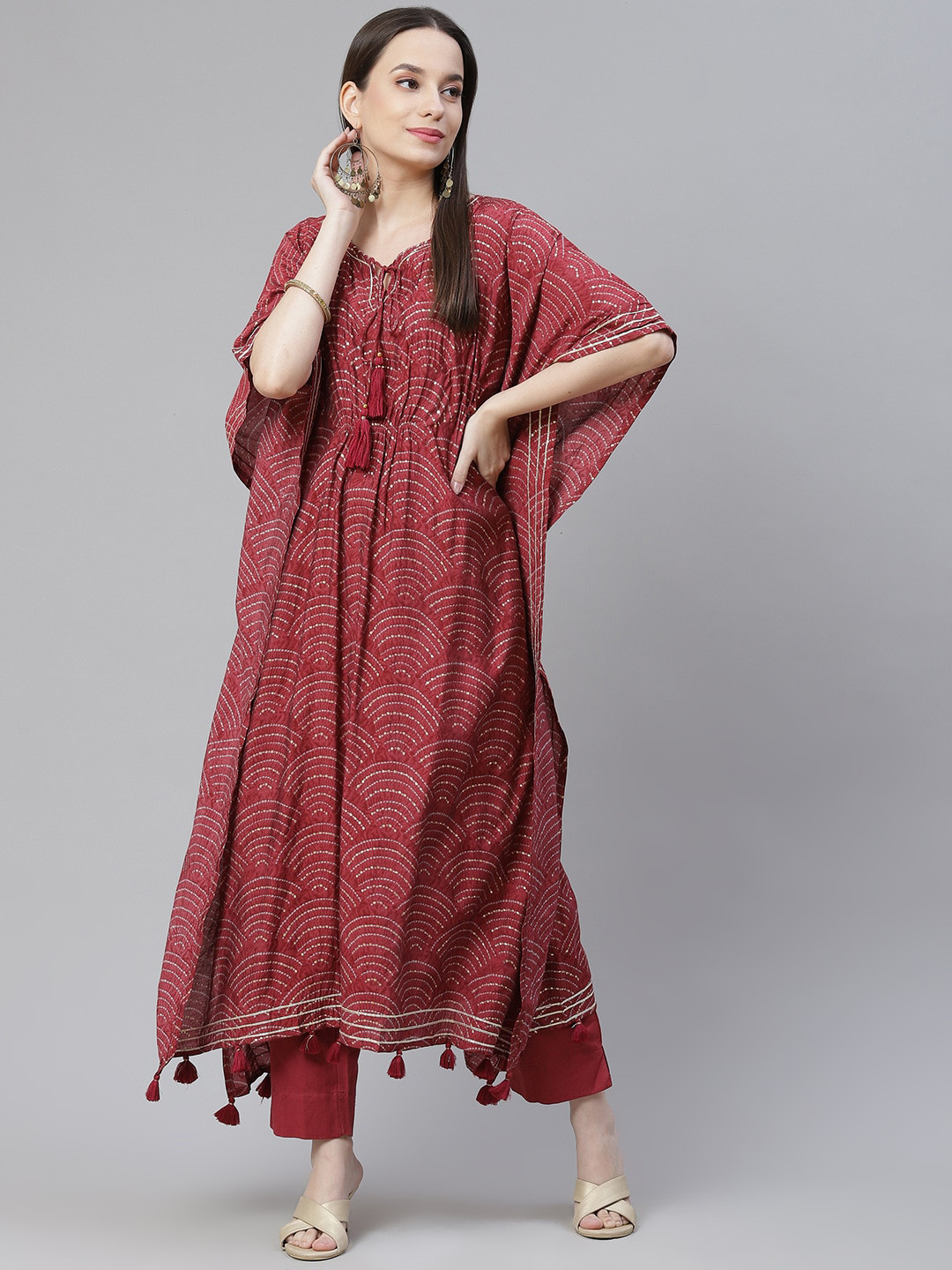 

Divena Women Maroon Bandhej Kaftan Kurta with Trousers
