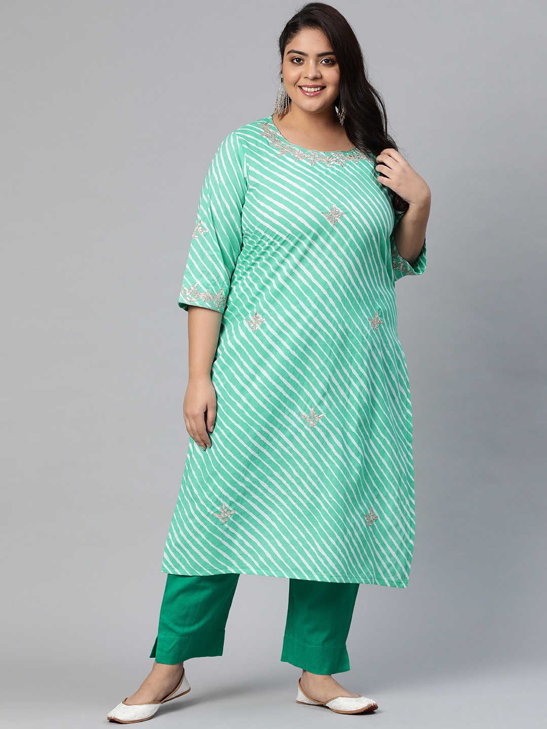 

Divena Plus Size Women Green Striped Gotta Patti Kurta