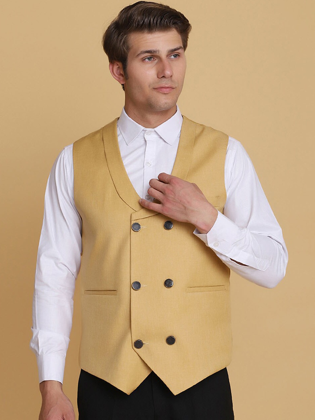 

TAHVO Men Gold Satin Formal Waistcoat