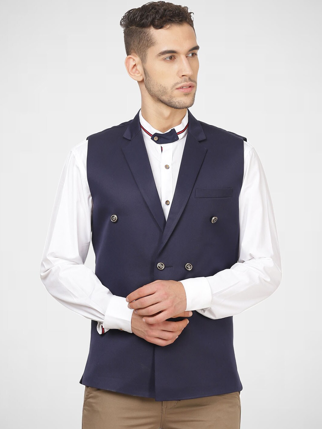 

TAHVO Men Blue Solid Formal V-Neck Waist Coat