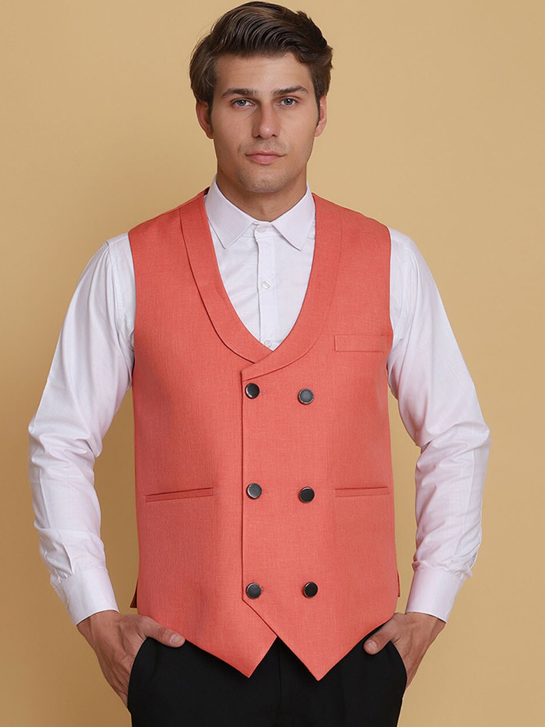 

TAHVO Men Peach Colored Solid Waistcoat