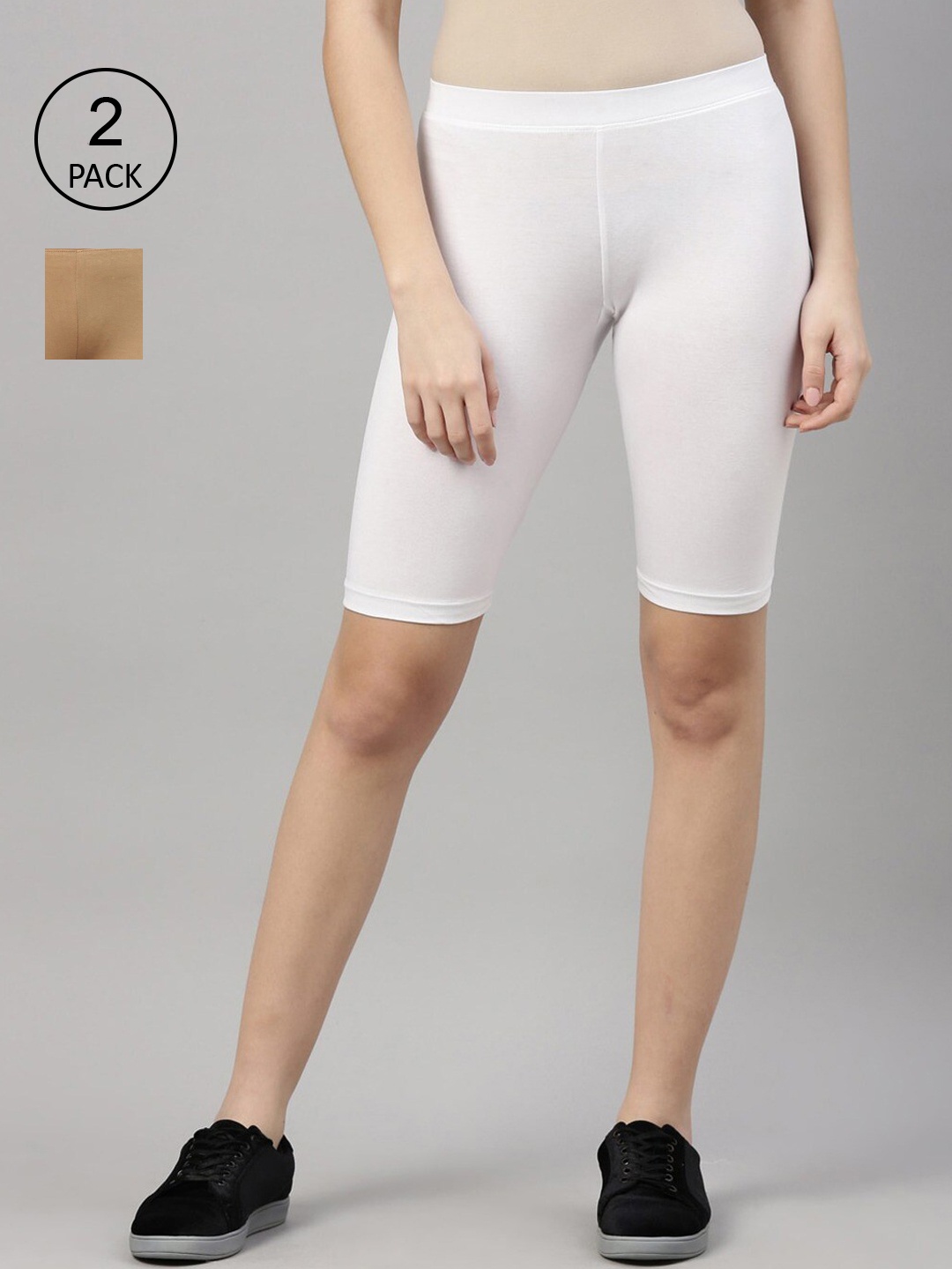 

Kryptic Women Beige & White Set Of 2 Solid Shorts