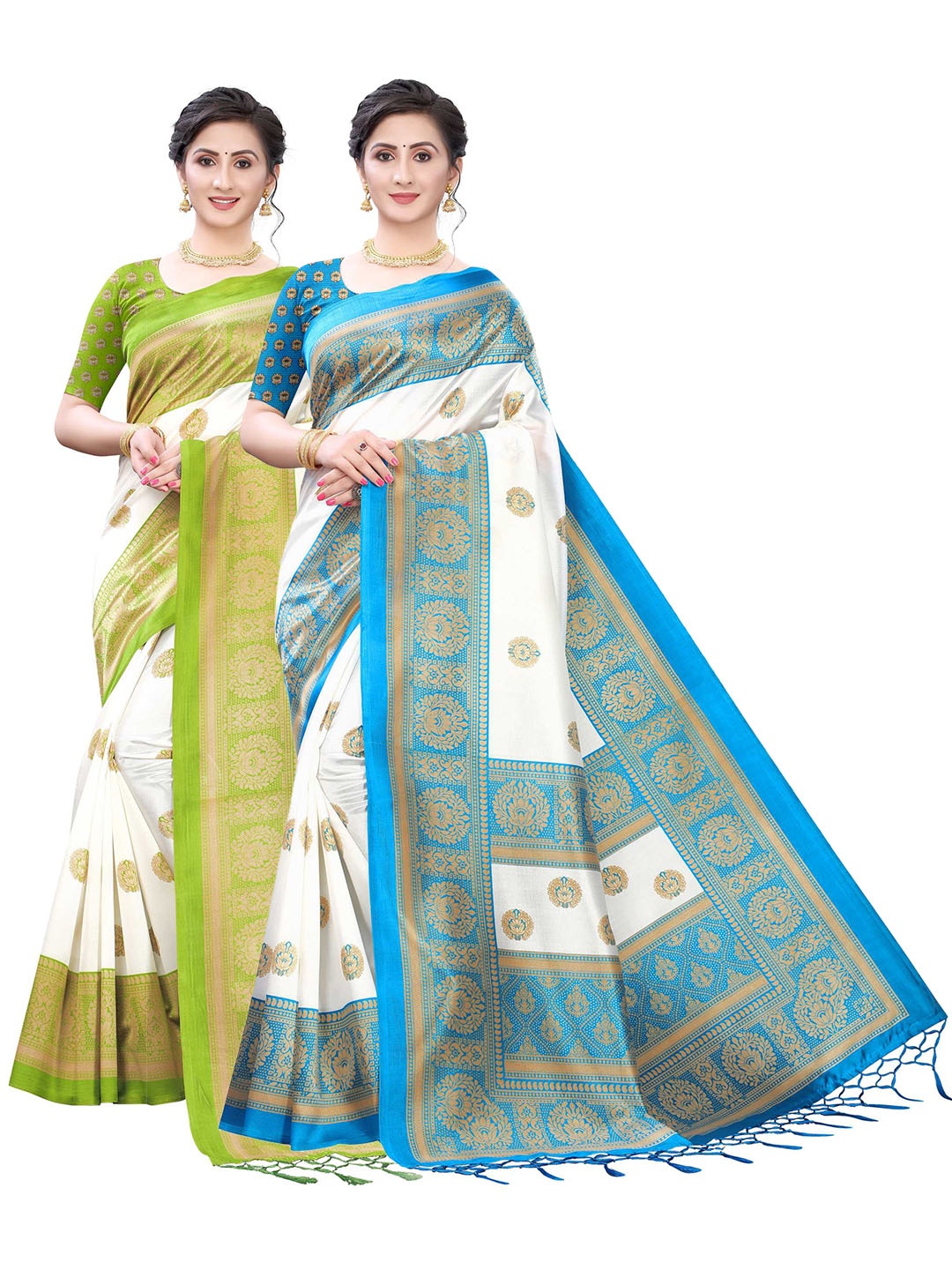 

AADVIKA Set of 2 Printed Art Silk Mysore Silk Saree, Turquoise blue