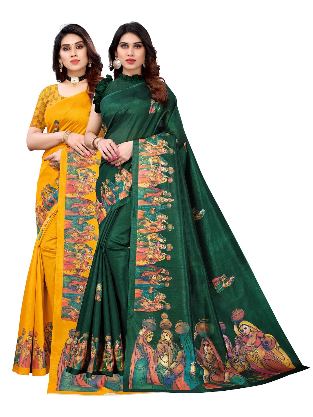 

AADVIKA Green & Yellow Set of 2 Ethnic Motifs Printed Art Silk Mysore Silk Saree