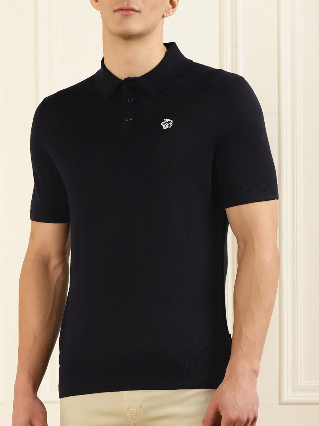 

Ted Baker Men Navy Blue Polo Collar Drop-Shoulder Sleeves T-shirt