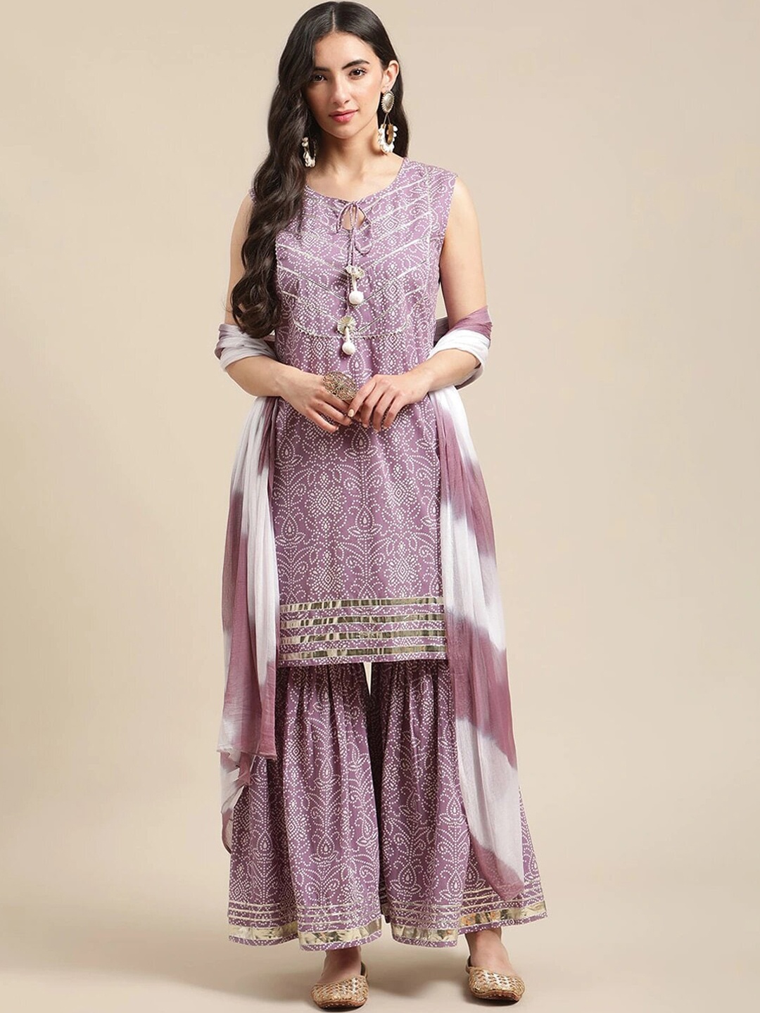 

Varanga Women Lavender Embroidered Gotta Patti Pure Cotton Kurta Sharara & With Dupatta