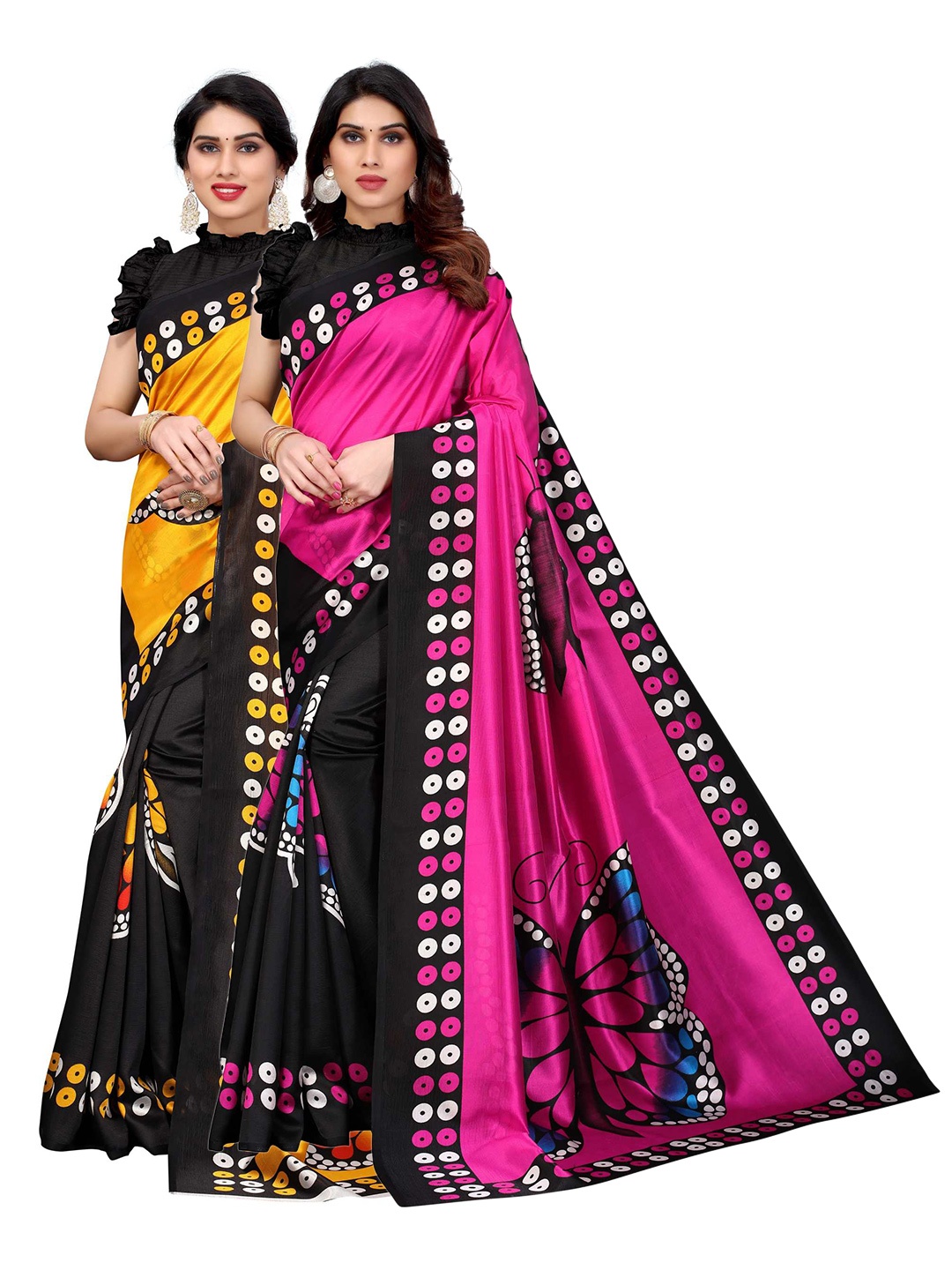 

AADVIKA Pack of 2 Pink & Yellow Ethnic Motifs Art Silk Mysore Silk Saree
