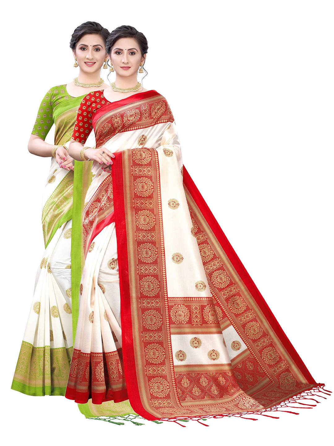 

AADVIKA Pack of 2 White & Red Ethnic Motifs Art Silk Saree