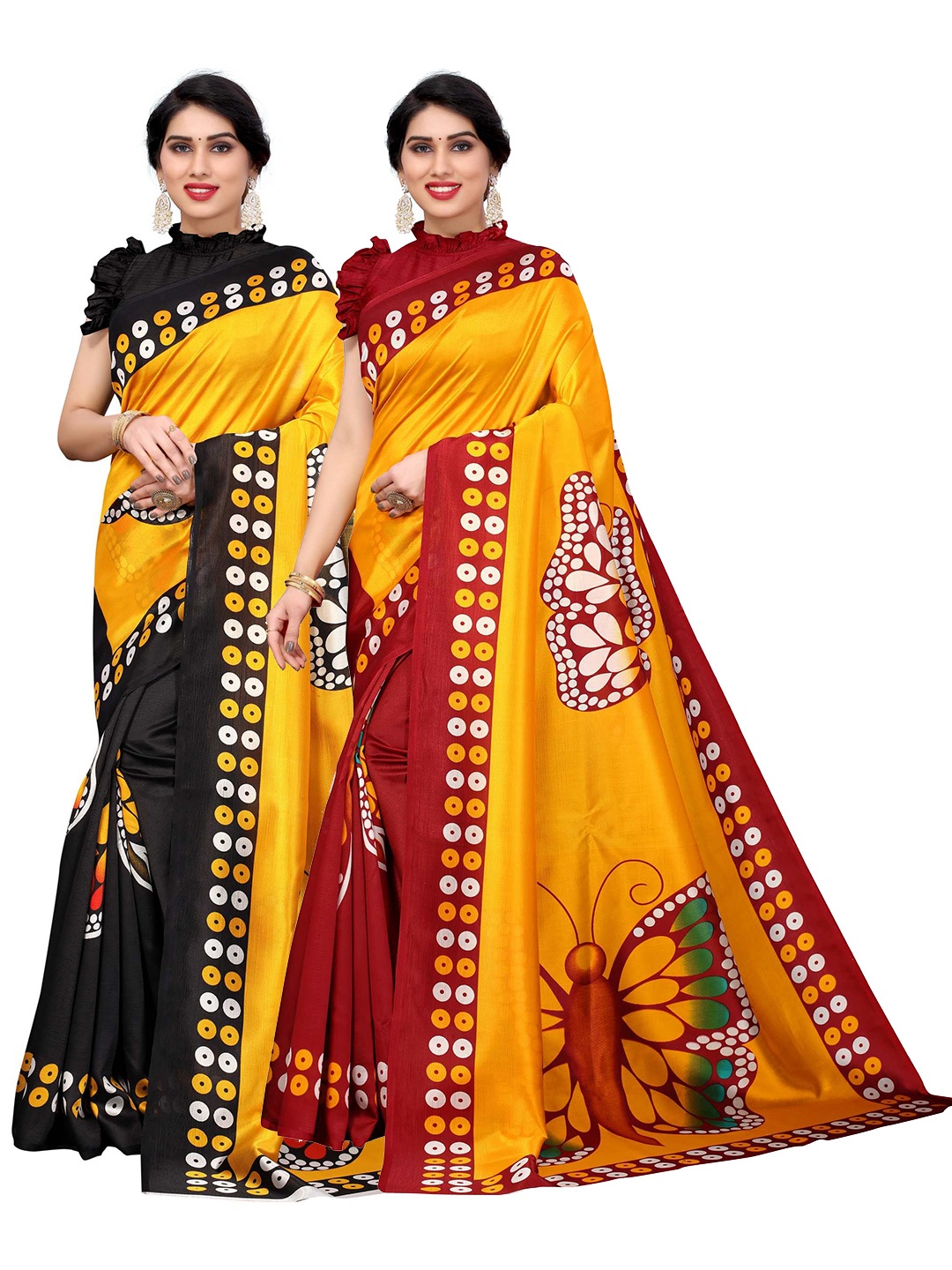 

AADVIKA Pack Of 2 Yellow & Red Ethnic Motifs Art Silk Mysore Silk Saree
