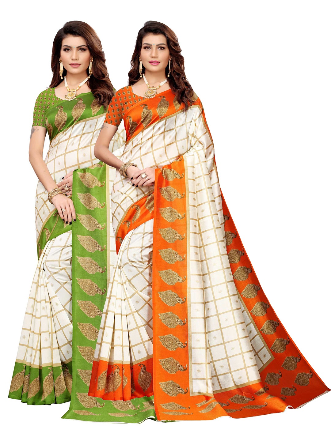 

AADVIKA Women Pack of 2 White Green Orange Checked Art Silk Mysore Silk Saree