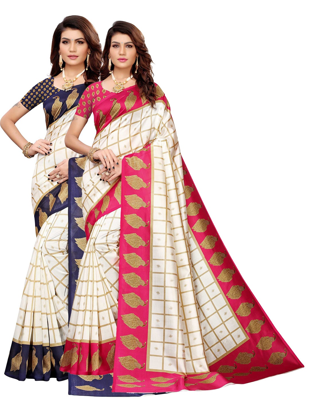 

AADVIKA Pink & Navy Blue Pack of 2 Checked Art Silk Saree