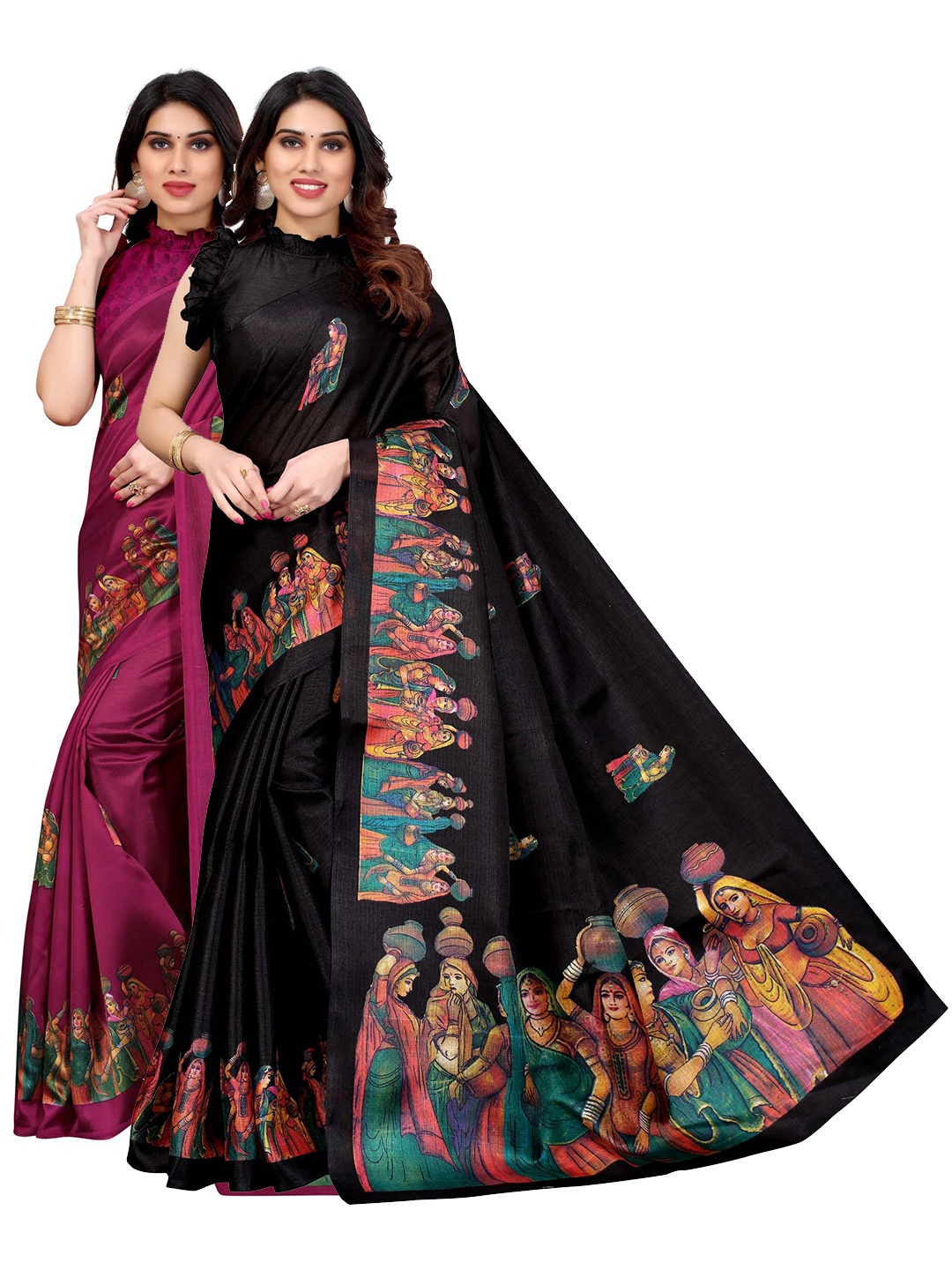

AADVIKA Black & Burgundy Set of 2 Ethnic Motifs Printed Art Silk Mysore Silk Saree