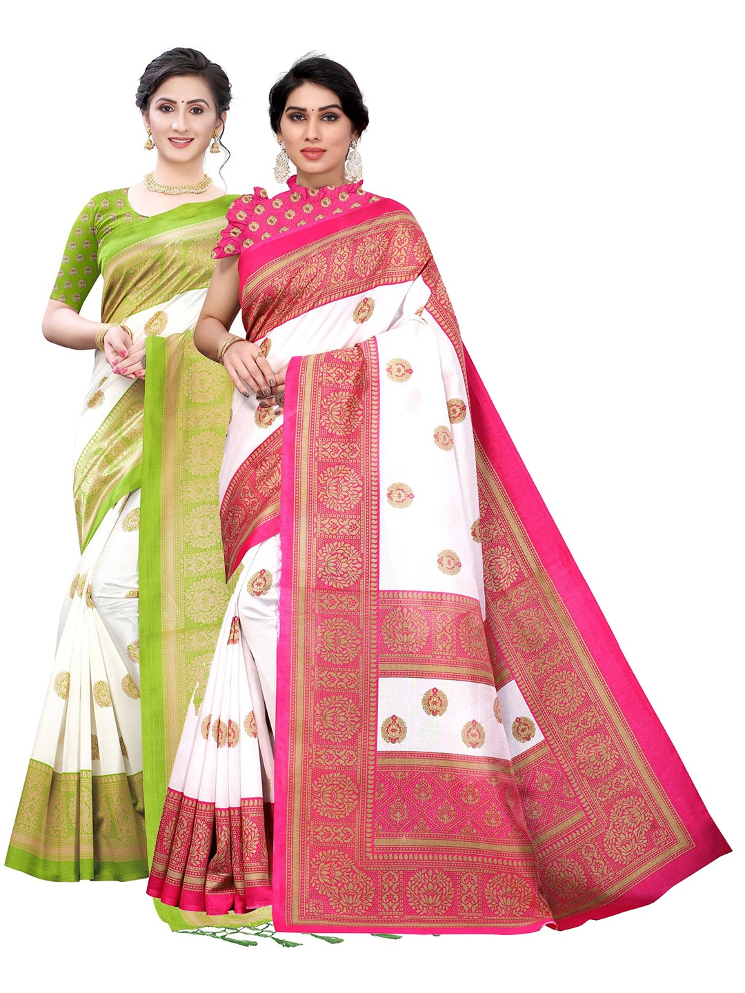 

AADVIKA Women Set of 2 Pink & Green Printed Art Silk Mysore Silk Saree