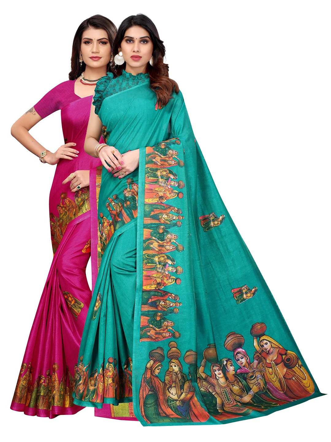 

AADVIKA Pack of 2 Green & Pink Ethnic Motifs Art Silk Mysore Silk Saree