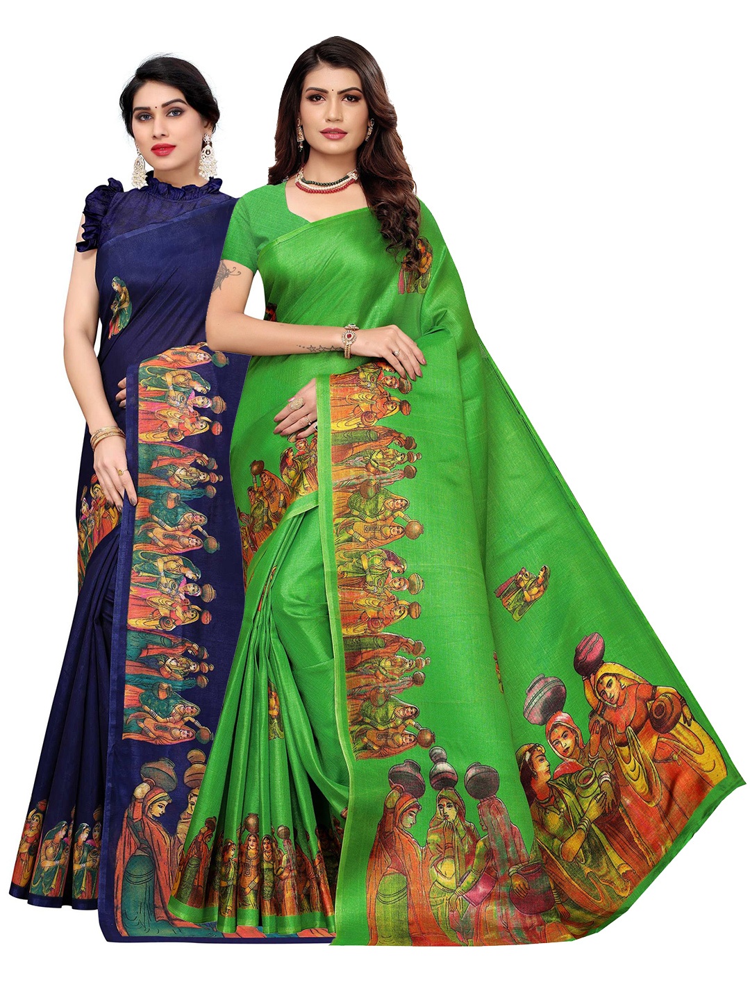 

AADVIKA Green & Navy Blue Art Silk Printed Saree
