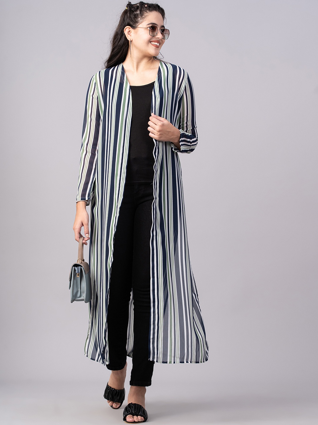 

DressBerry Women Navy Blue & White Striped Shrug